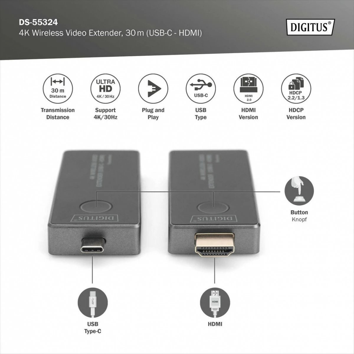Set wireless HDMI extender Digitus DS-55324, UHD 4K, 30m, USB-C, zi/argjendtë Set wireless HDMI extender Digitus DS-55324, UHD 4K, 30m, USB-C, zi/argjendtë