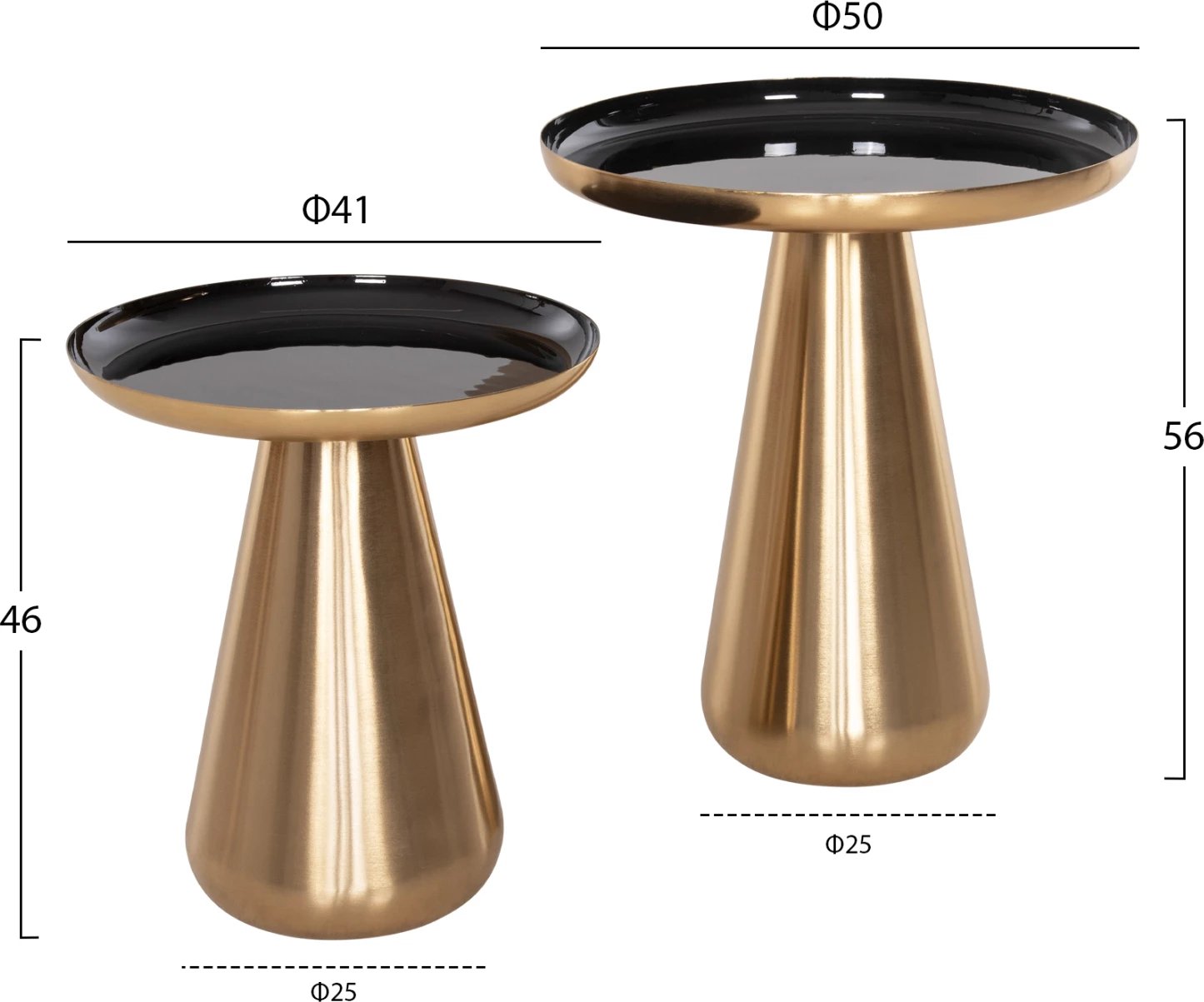 Tavolina kafeje 2 copë OLUF, metal i smaltuar, ngjyrë ari me shkëlqim & e zezë, Φ50 & Φ41 cm