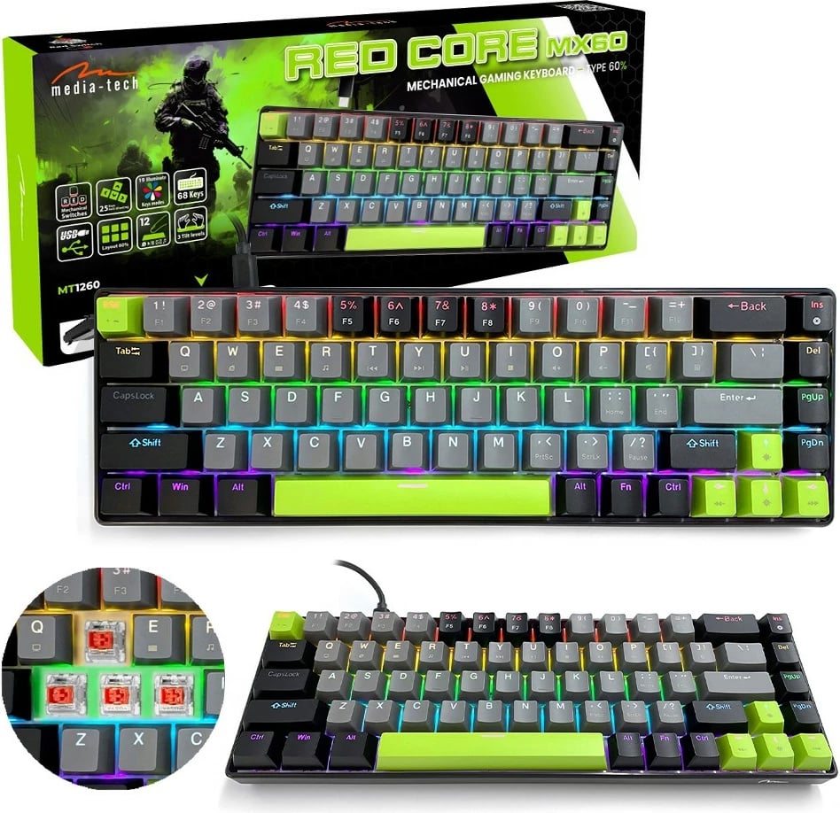 Tastierë mekanike gaming Media-Tech Red Core MX60 MT1260 60% USB-C me RGB, e zezë/gri/e gjelbër
