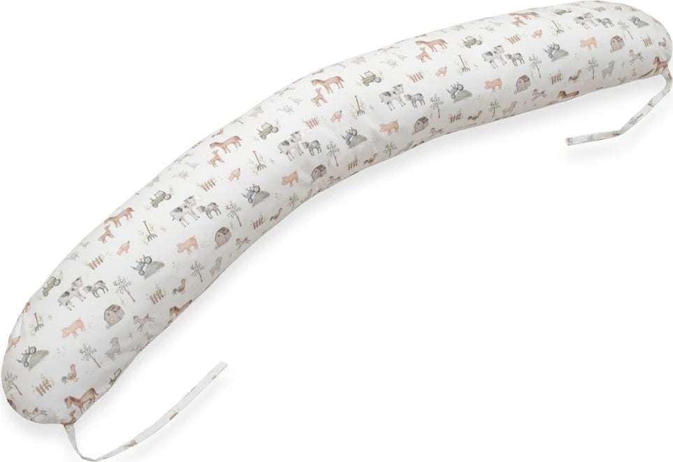 Jastëk gjidhënie universal, New Baby, Farm, mbulesë pambuk 100%, mbushje poliester anti-alergjik, me lidhëse, me mbulesë të heqshme, rreth 140 cm, i bardhë me motive ferme