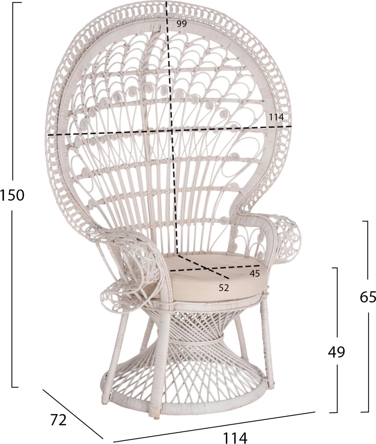Fotelja ROYAL PEACOCK FH9342.02, ratan, ngjyrë e bardhë, jastëk i bardhë, 114x72x150Hcm