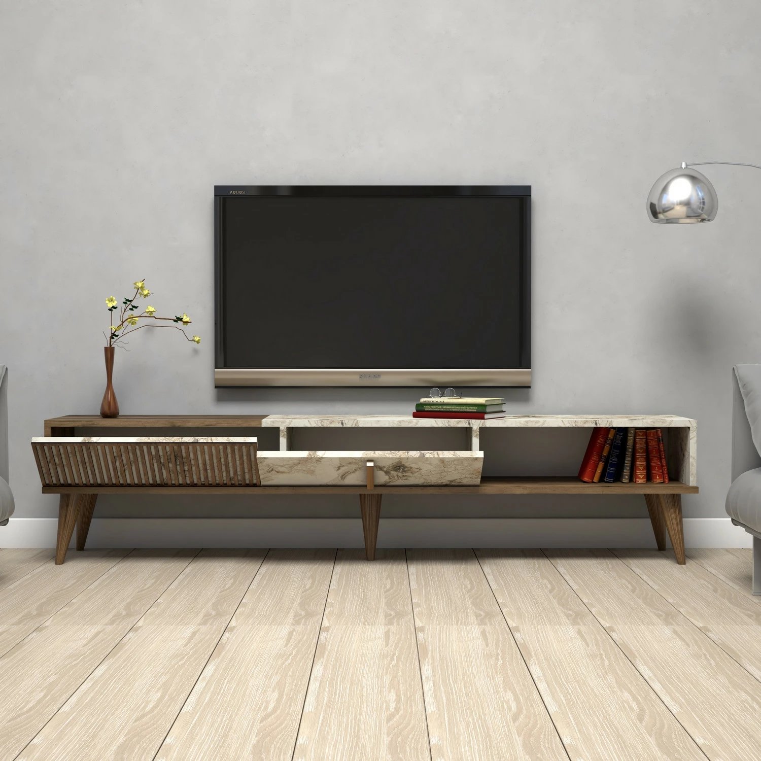 Komodë TV Skye Decor, ngjyrë arre, mermer i bardhë, Milan