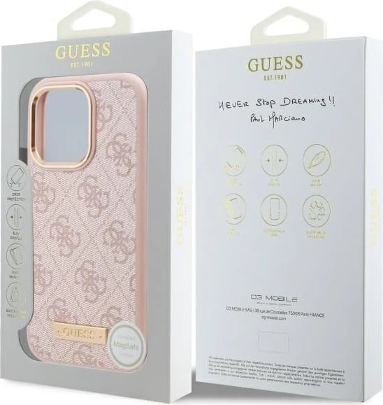 Mbështjellës Guess 4G Logo Plate MagSafe për iPhone 16 Pro, Rozë