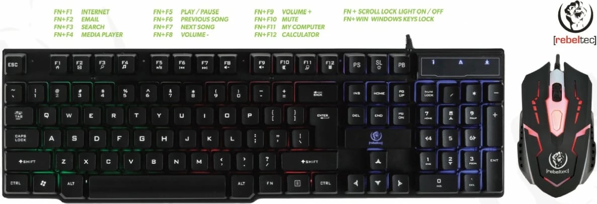 Set gaming tastierë dhe maus Rebeltec OPPRESSOR, me ndriçim, USB, e zezë/argjendtë