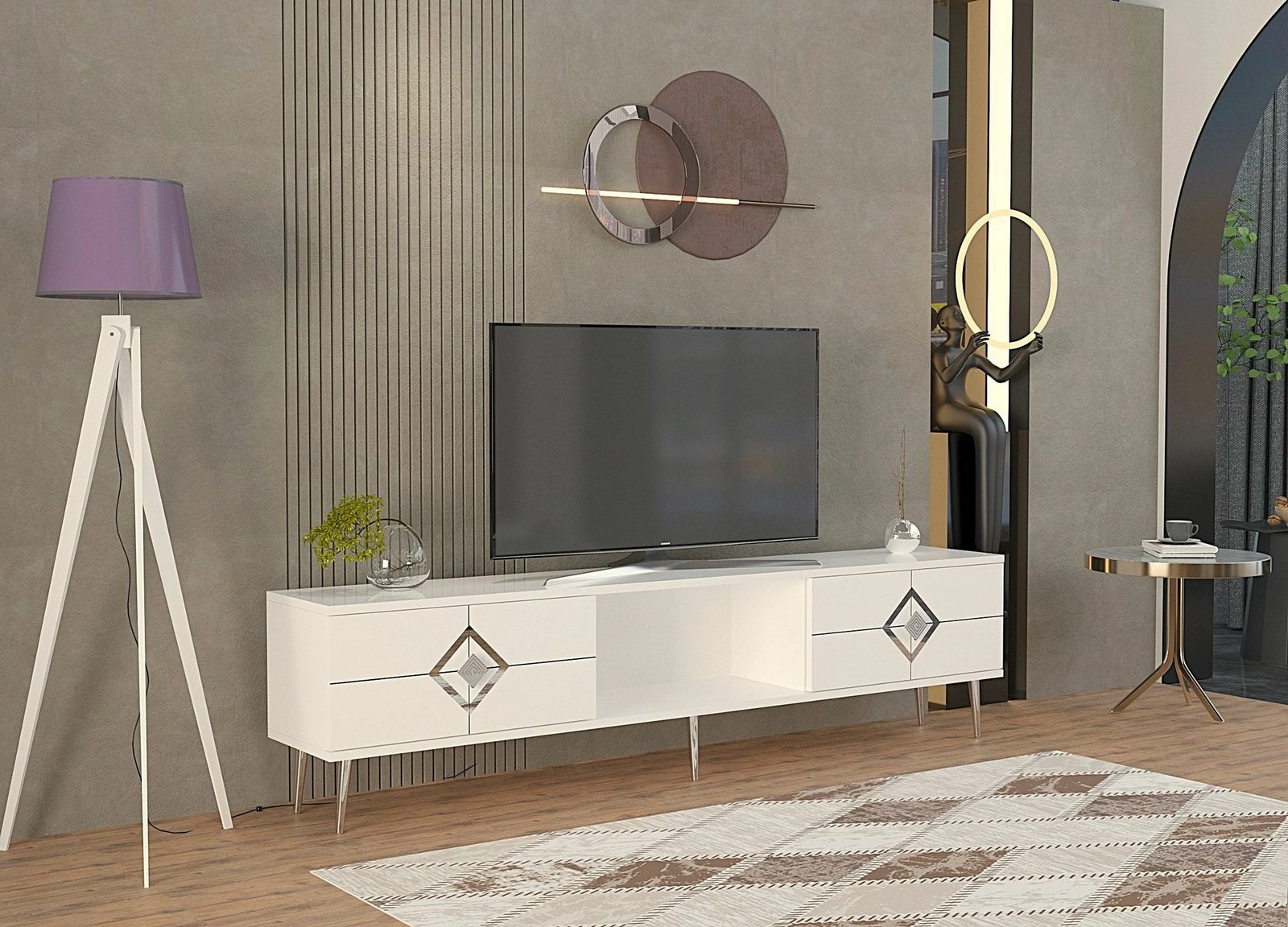 Komodë TV Skye Decor, e bardhë, argjend