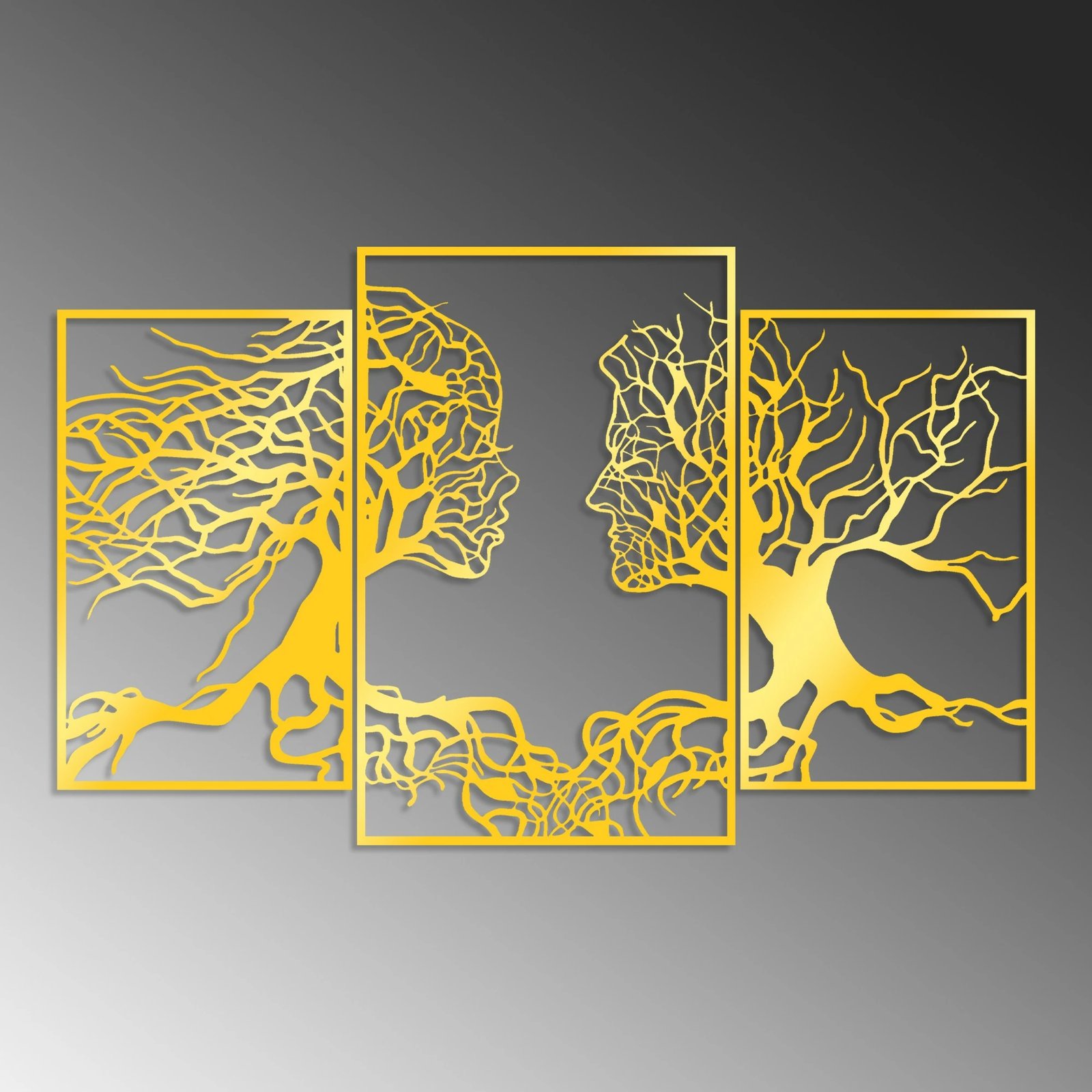 Aksesor dekorativ metalik për mur, Wallity, rrënjë të trefishta, ngjyrë ari, 116x71cm