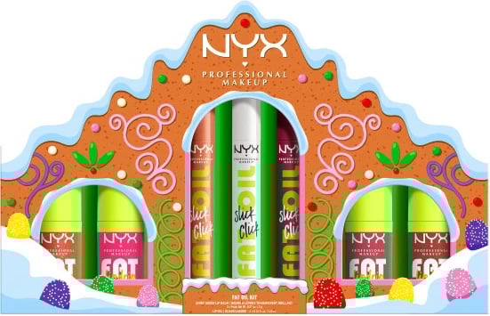 Set lip glossesh dhe balmesh për buzë NYX Professional MakeUp Holiday Fat Gingerbread House Kit për femra, shumëngjyrëshe, 7 copë