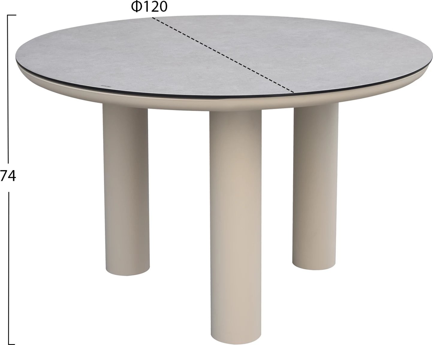 Tavolinë e rrumbullakët alumini DOSUN FH6201.02, kornizë ngjyrë krem e bardhë, sipërfaqe tavoline qelqi me pamje qeramike, Φ120cm