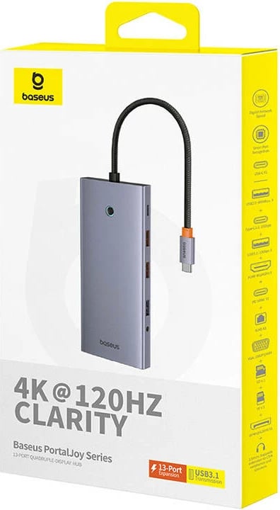 Hub Baseus PortalJoy 13in1, USB-C në HDMI+DP+VGA+C+USB+PD+RJ45+SD/TF+3.5mm, Gri