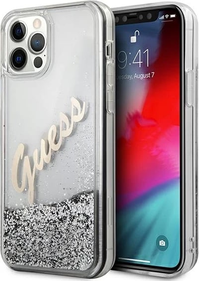 Mbështjellës Guess GUHCP12LGLVSSI për iPhone 12 Pro Max 6.7", Glitter Liquid Vintage, argjendtë