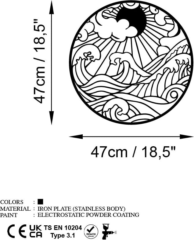 Aksesor muri dekorativ metalik Wallity, Waves 1, ngjyrë e zezë, 47x47cm