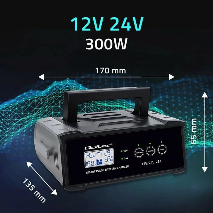 Karikues baterie mikroprocesorik Qoltec 52514 12V/24V 25A me funksion riparimi LCD, e zezë