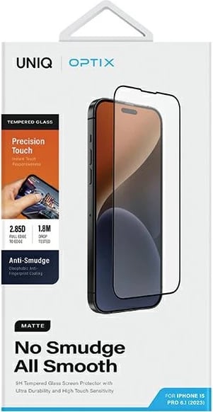 Mbrojtës ekrani xham i temperuar UNIQ Optix Matte për iPhone 15 Pro me aplikator
