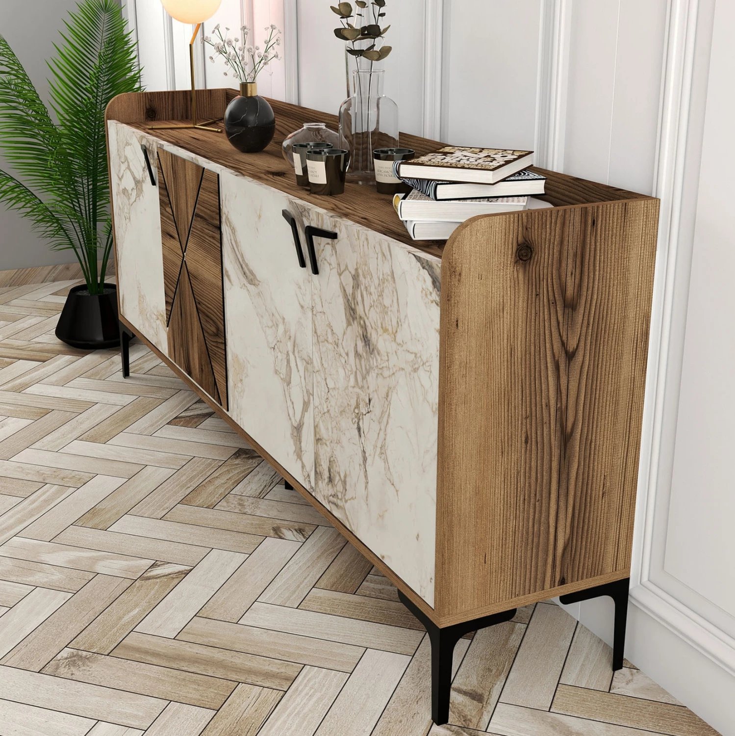 Bufe melamine, pamje arre dhe mermer të bardhë, 180x35x78H cm, FH9433.02