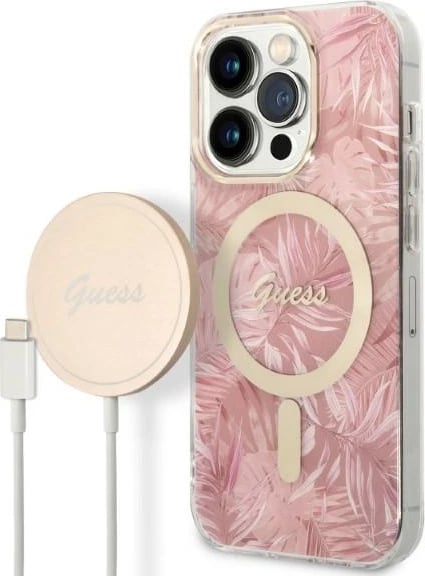Mbështjellës Guess Jungle Collection me MagSafe + karikues wireless për iPhone 14 Pro 6.1", rozë
