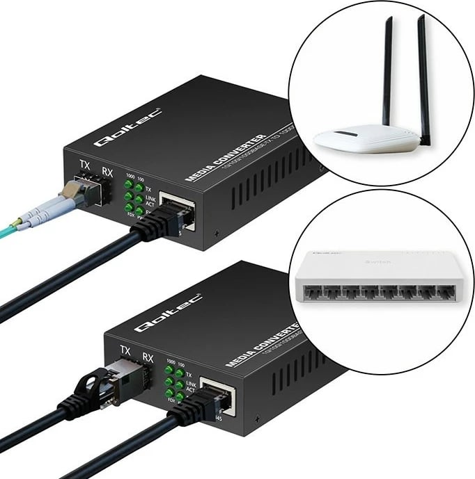 Konvertues media Qoltec 52295, 1x RJ45, 1x SFP, 1000Mb/s, i zi