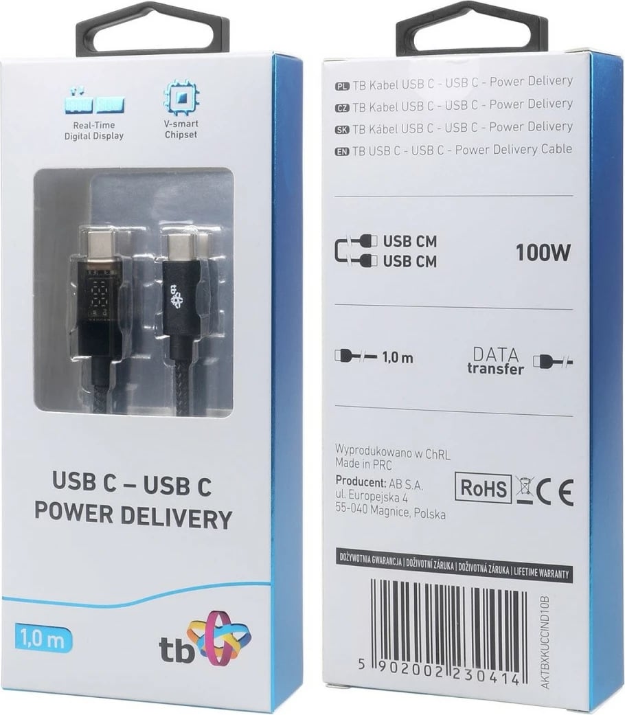 Kabllo USB C në USB C TB, 1m, me tregues LED, 100W, e zezë