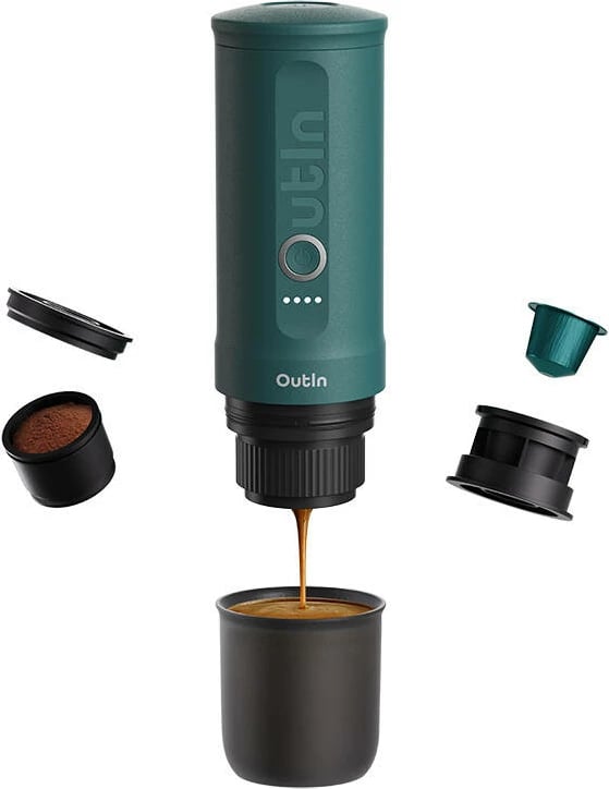 Ekspres portativ, OUTIN Nano A000003, 7500 mAh, 20 bar, 50–80 ml, USB-C, për kafe të bluar & kapsula Nespresso, turquoise
