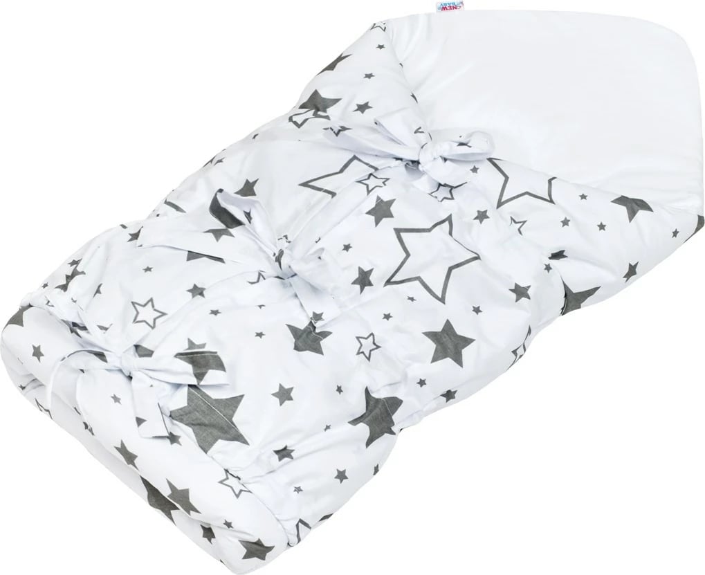 Mbështjellëse foshnje me lidhëse, New Baby, klasike, 70x70 cm, mbulesë 100% pambuk, mbushje anti-alergjike, e bardhë me yje gri