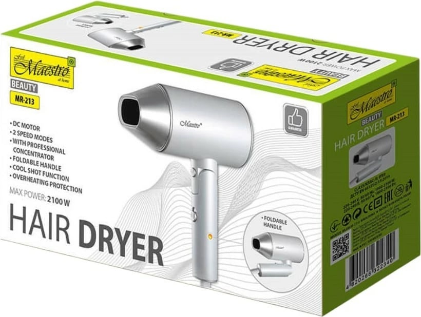 Tharëse flokësh Feel-Maestro MR-213, 2100W, dorezë e palosshme, argjend/bardhë