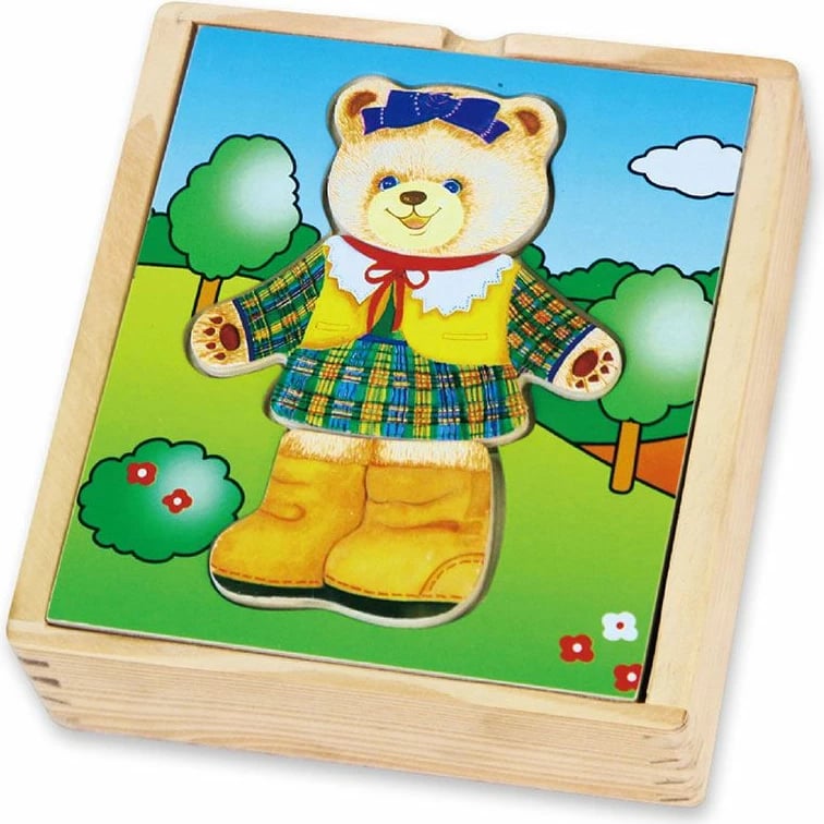 Puzzle druri veshjeje, Viga, Teddy Bear, 18 copa, për 18+ muaj, me kuti druri, shumëngjyrëshe