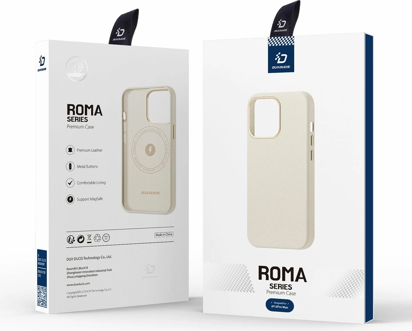 Mbështjellës Dux Ducis Roma për iPhone 13 Pro Max, lëkurë natyrale, Bardhë