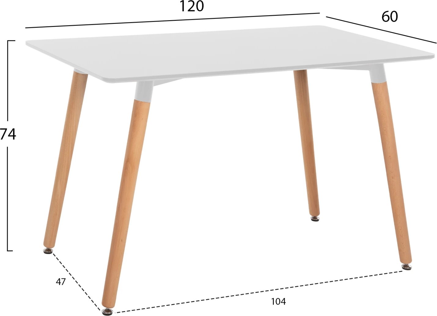 Tavolinë minimaliste për kuzhinë, MDF e bardhë, këmbë druri ahu natyral, 120x60x74cm