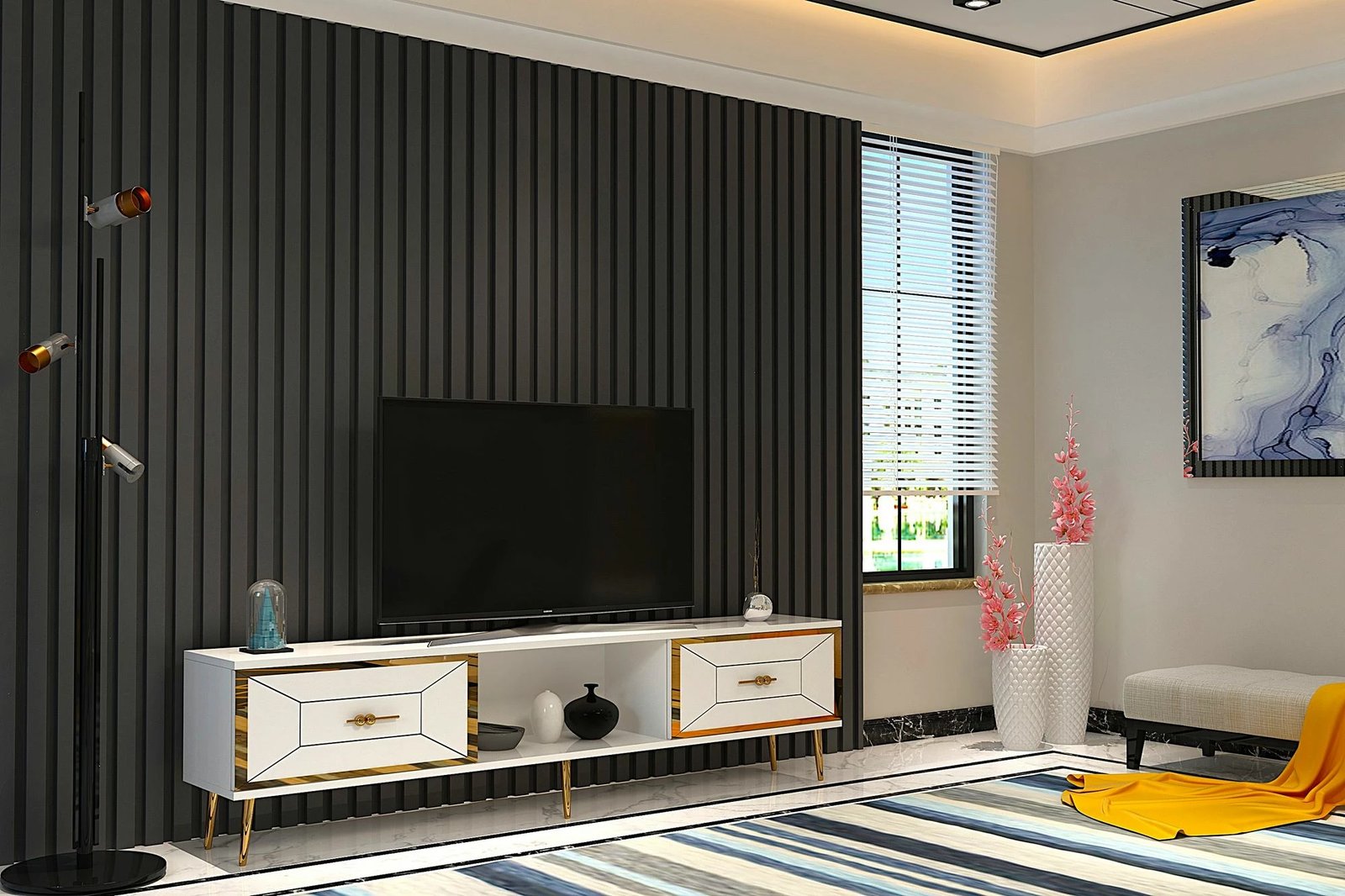 Komodë TV Skye Decor, Arno, e bardhë, ari