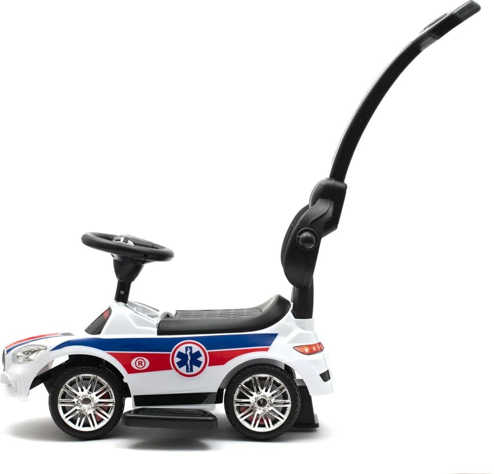 makinë shtytëse (ride-on), Baby Mix, AMBULANCE, me panel zëri dhe shufër drejtimi, rrota të përparme rrotulluese, 12m+, ngarkesë 25 kg, e bardhë