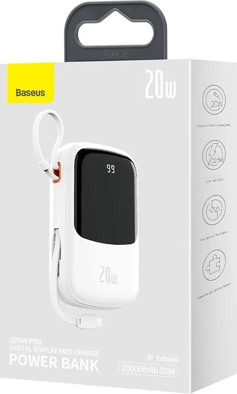 Powerbank Baseus Qpow PRO, 20000mAh, 20W, me kabllo Lightning, USB-C dhe USB, Bardhë