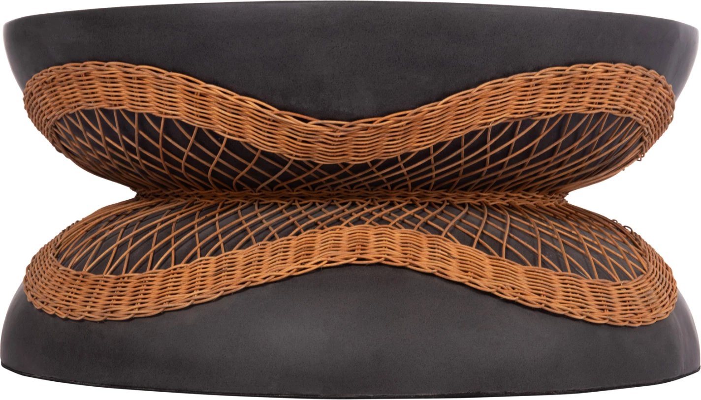 Tavolinë e ulët rrumbullake ANNA, fibër-cement, e zezë, ratan natyral, FH18157.01, 92x44.5cm