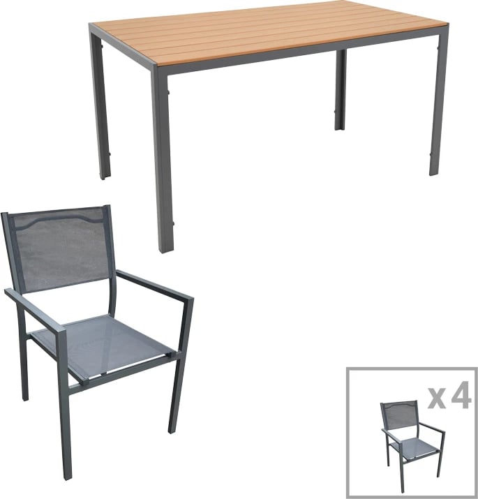 Tavolinë me karrige, 5 pjesë, alumini anthracite dhe dru natyral, 140x80x72.5cm