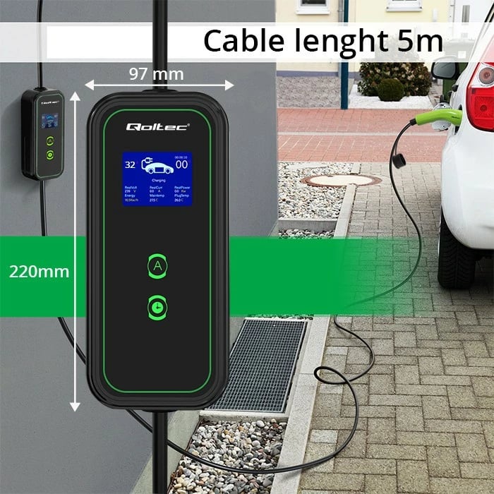 Karikues portativ për vetura elektrike Qoltec 52477, Type 2, 7kW, 5m, WiFi, i zi/gjelbër