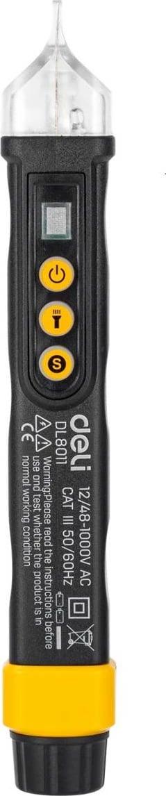 Testues tensioni pa kontakt Deli Tools EDL8011, 12/48-1000V AC, zi, set me 2 bateri