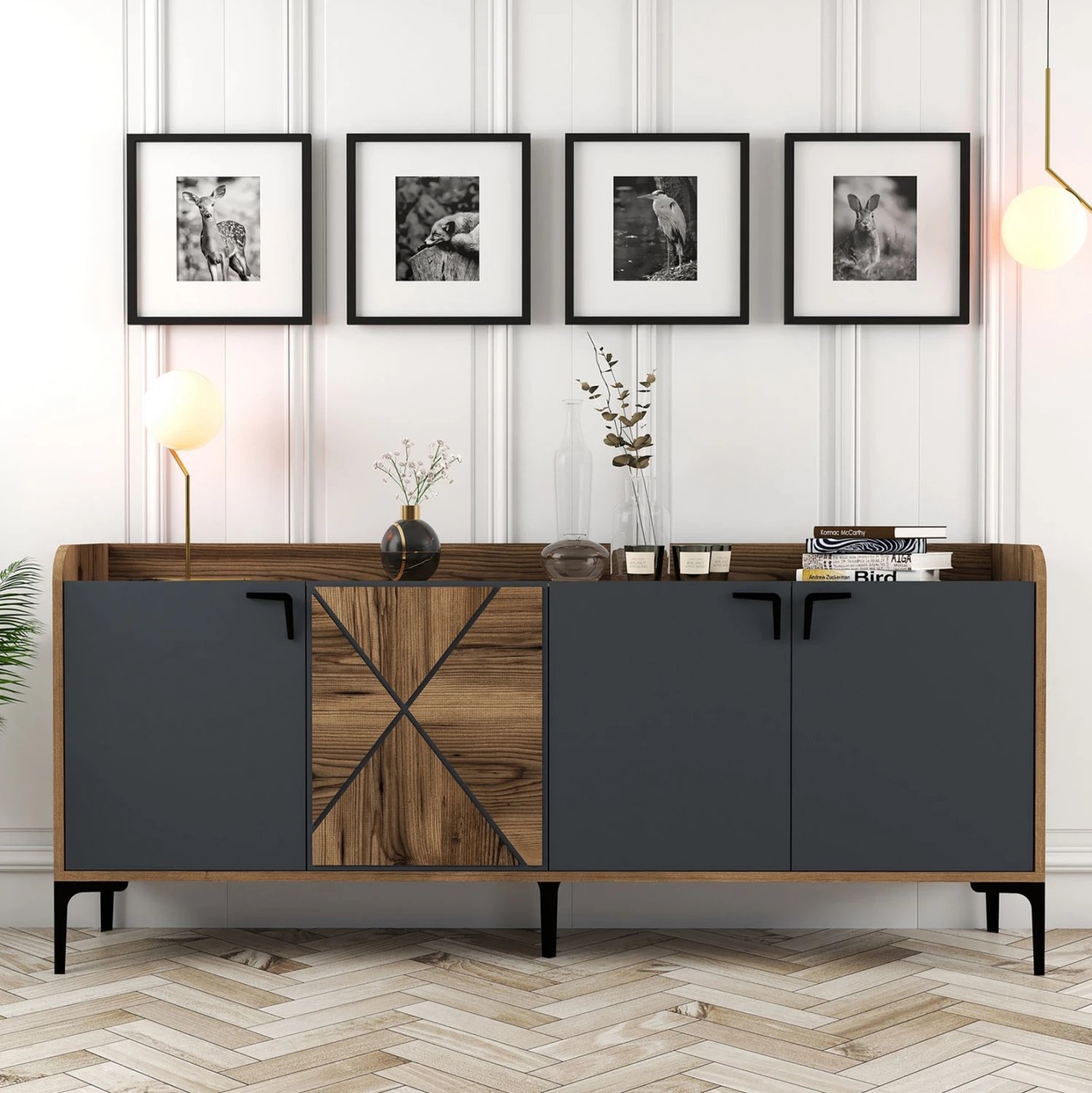 Bufe melamine, ngjyrë arre dhe gri qymyr, 180x35x78H cm, FH9433.01