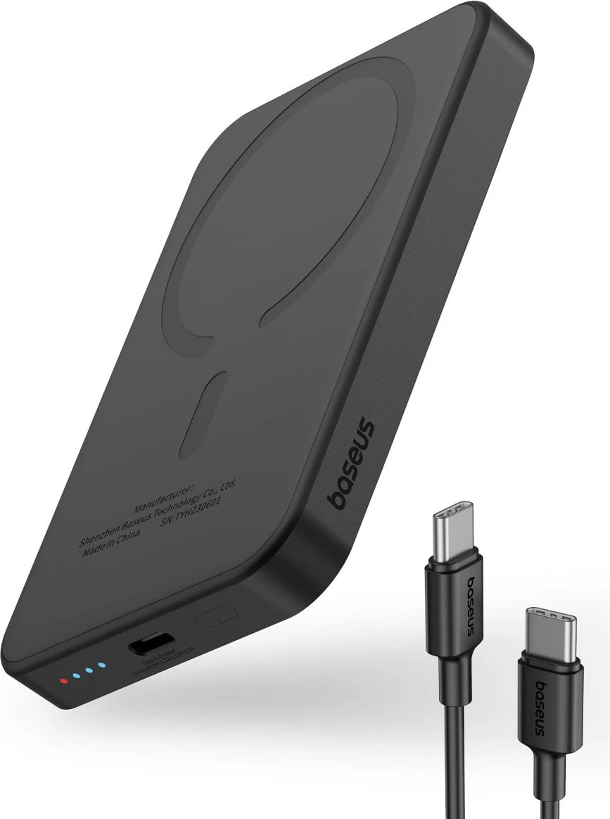Power bank Baseus Magnetic Mini 5000mAh, 20W, USB-C, me kabllo, e zezë