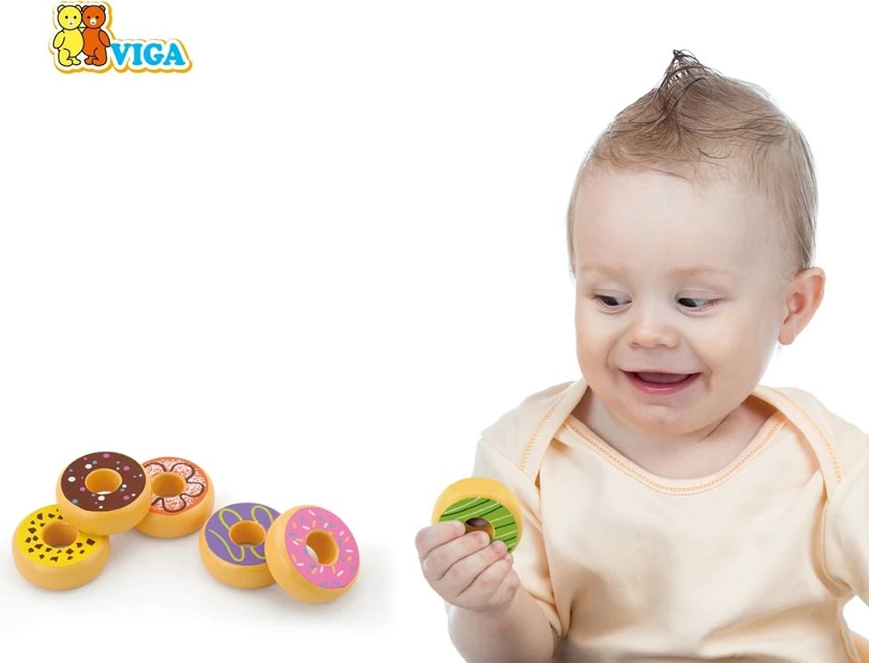 Lodër druri, Viga, donut prej druri, diametër 60 mm, për 18+ muaj, shumëngjyrësh, set 6 copë