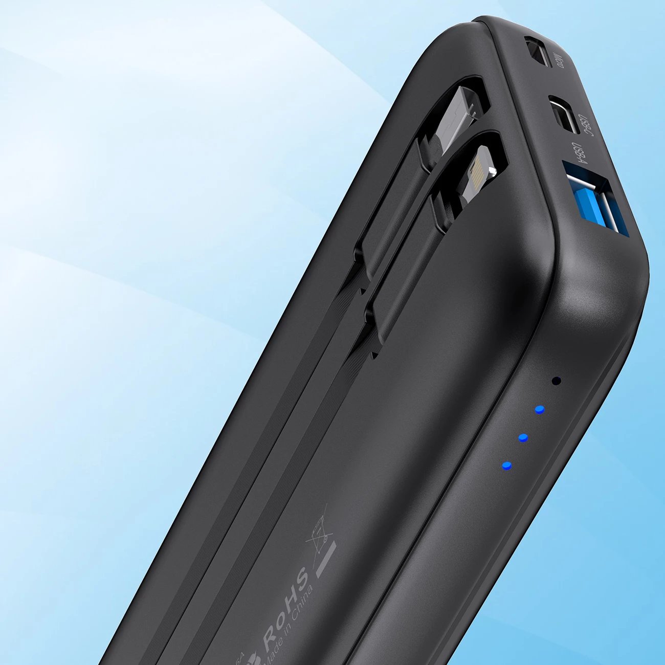 Powerbank Choetech B654, 10000mAh, 22.5W, USB-A/USB-C/micro USB, kabllo të integruara USB-C/Lightning, e zezë