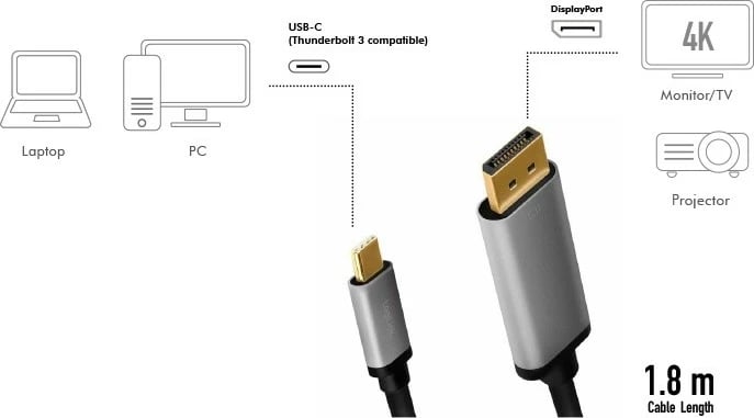 Kabllo USB-C në DisplayPort LogiLink CUA0100, 1.8m, 4K 60Hz, Zezë/Gri