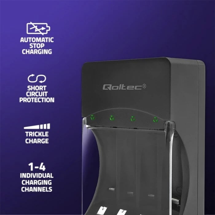 Karikues baterish Qoltec 50653 për Ni-MH R03/AAA R6/AA, Zi