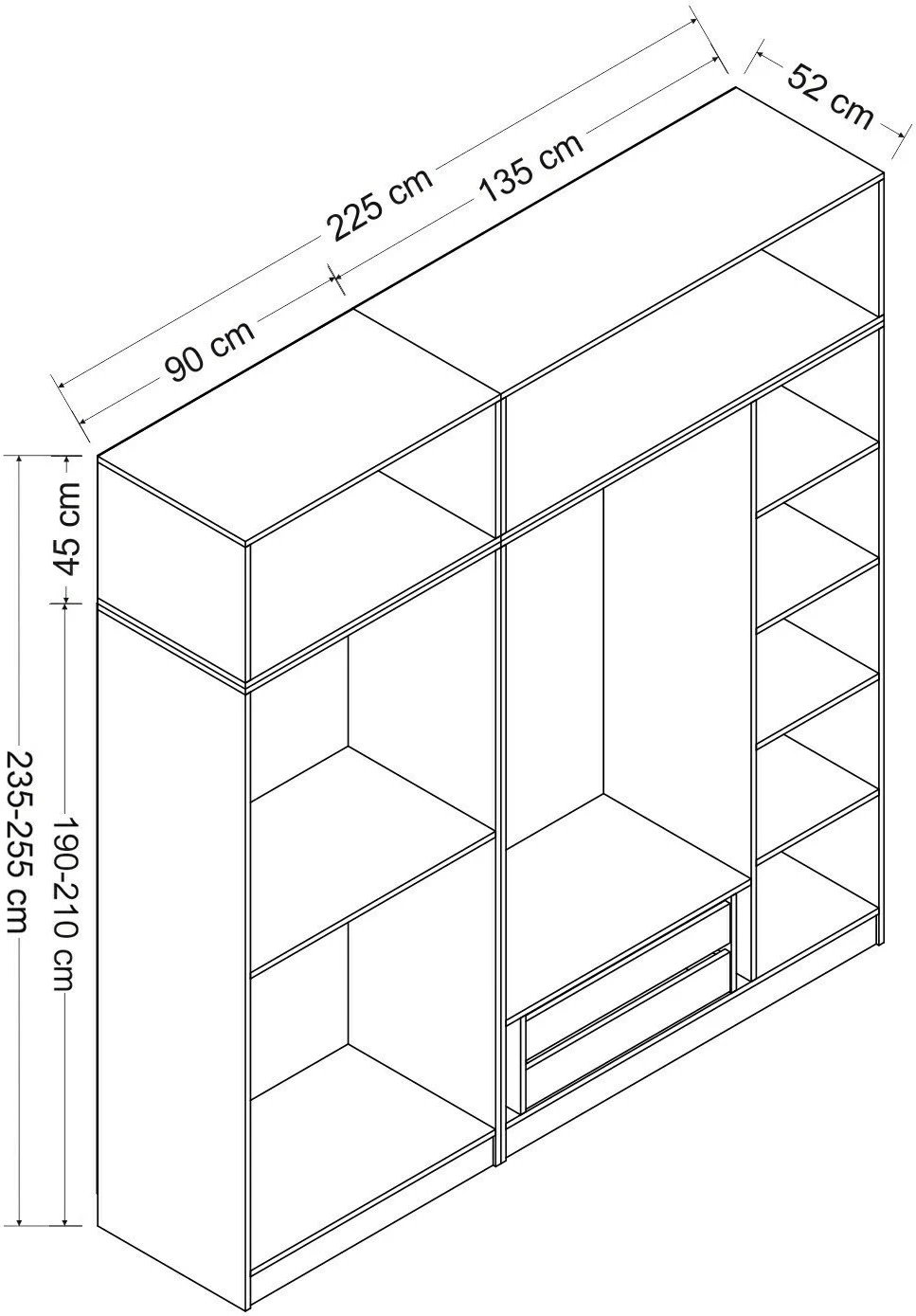 Dollap garderobe Skye Decor, ngjyrë dore, 225x235x52cm, 9 pjesë