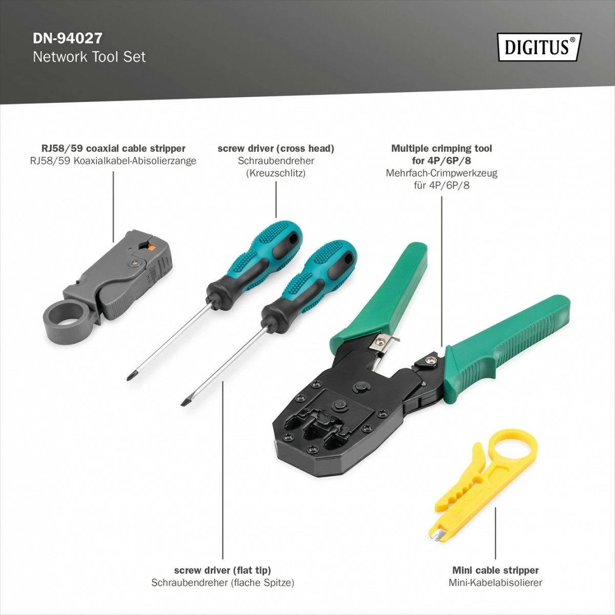 Set veglash rrjeti Digitus DN-94027 me testues kabllosh, kaçavida, krimpues dhe çantë tekstili