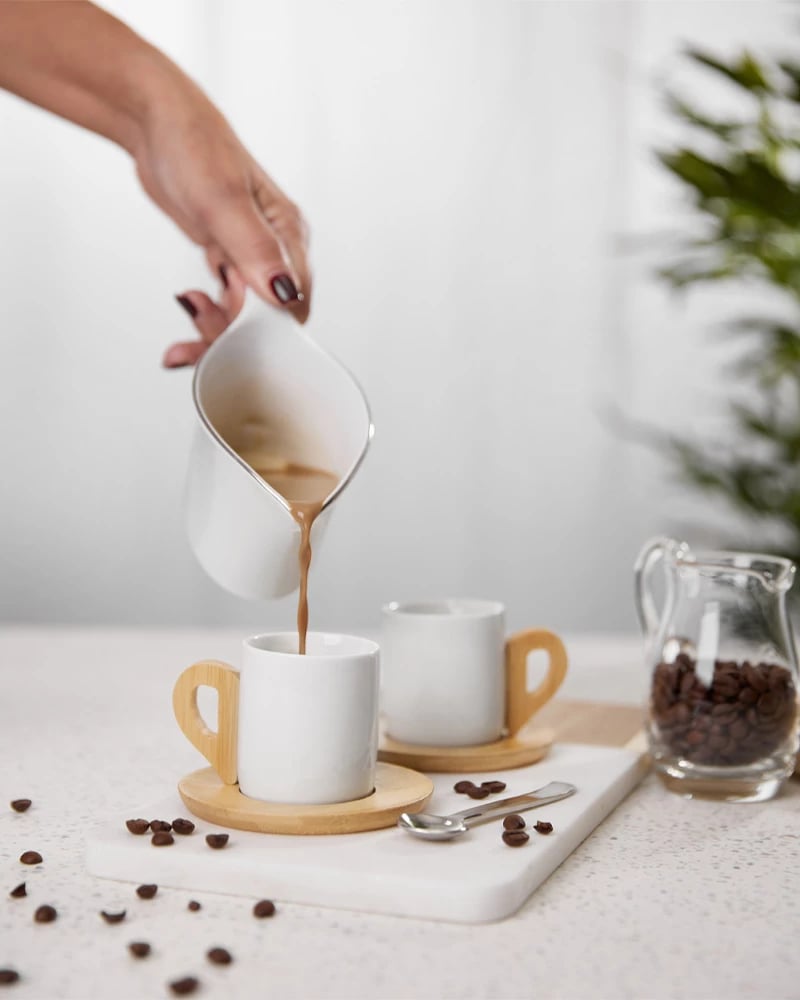 Set filxhanësh espresso Nordic, 6 copë, porcelan i bardhë, bambu natyral, 29x21x7cm