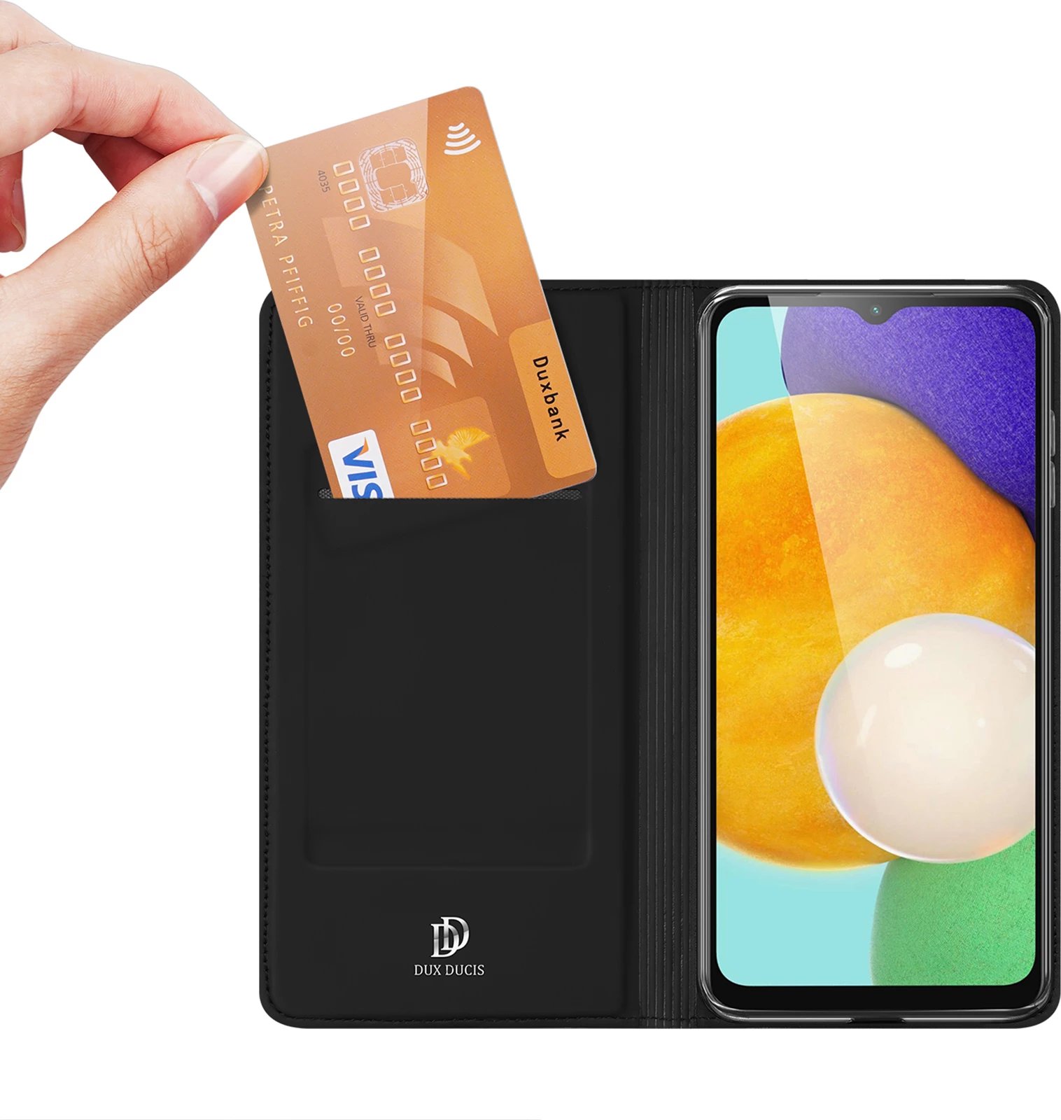 Mbështjellës Dux Ducis Skin Pro për Samsung Galaxy A14 4G/5G, me kapak, xhep për kartela, funksion standi, i zi
