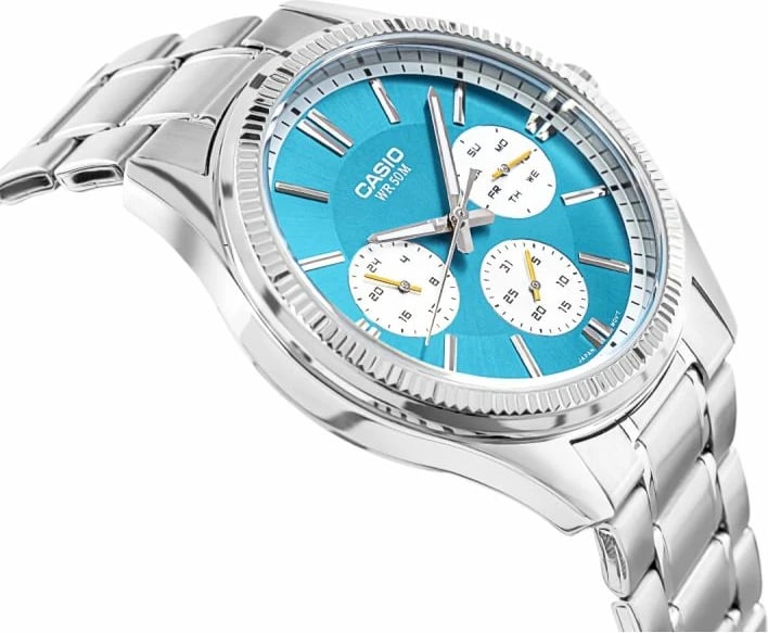 Orë dore për meshkuj CASIO, argjendtë me të kaltër