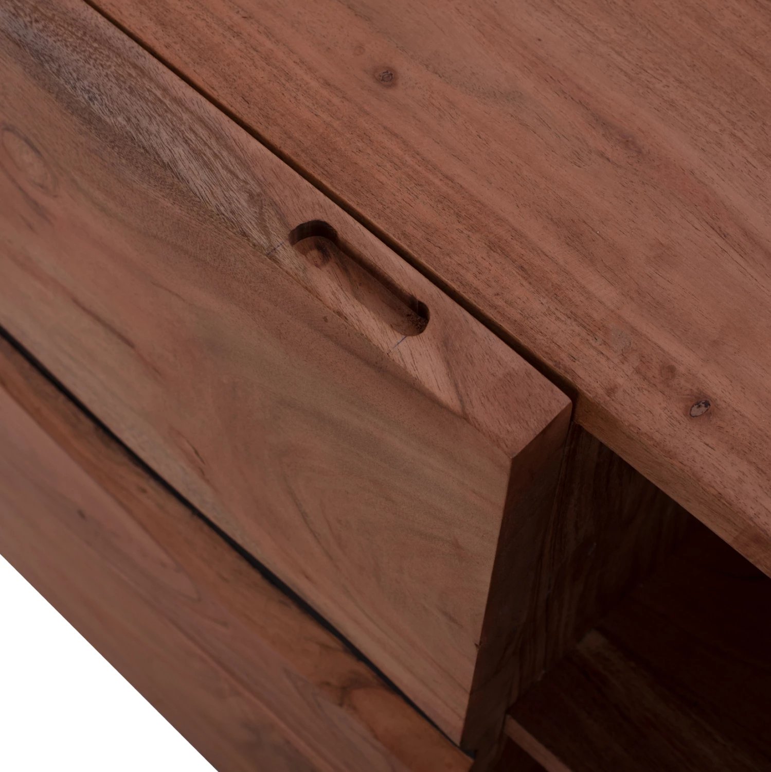 Komodë TV Alicia, dru akacie masiv, ngjyrë natyrale, këmbë metalike të zeza, 130x43x66 cm