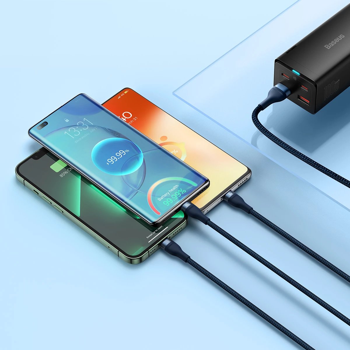 Kabllo karikimi 3-në-1 Baseus Flash Series II, USB-A në USB-C/Micro-USB/Lightning, 1.2m, 66W, Kaltër
