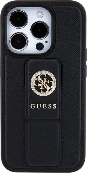 Mbështjellës Guess Grip Stand 4G Saffiano Strass për iPhone 15 Pro Max, i zi