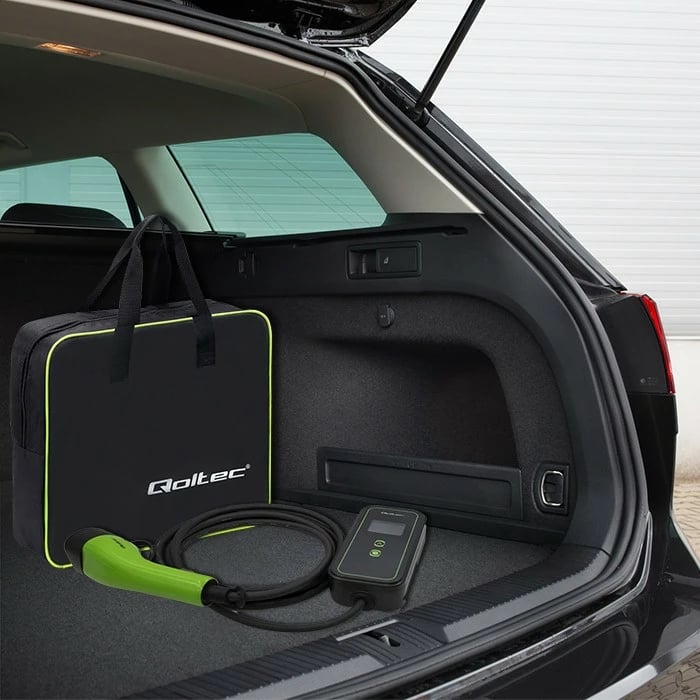 Karikues portativ për vetura elektrike Qoltec 52470, Type 2, 3.5kW, 230V, 5m, zi/gjelbër