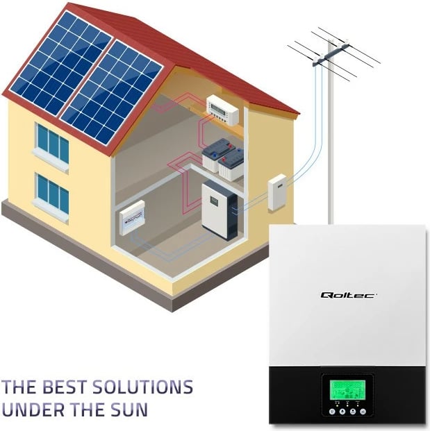 Inverter solar hibrid Qoltec 53876, 2.4kW, MPPT 80A, Sinus, zi/bardhë Inverter solar hibrid Qoltec 53876, 2.4kW, MPPT 80A, Sinus, zi/bardhë